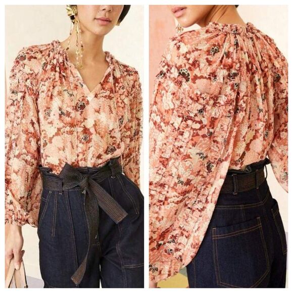 Ulla Johnson Adela Red Pink Floral Silk V Neck Ruffle Blouse Top Size 2 - Picture 1 of 7